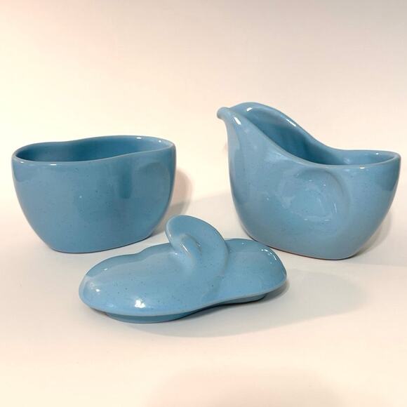 Frankoma Cream Covered Sugar Lazy Bones Blue Speckled 50s Vintage Pottery USA - Picture 2 of 11